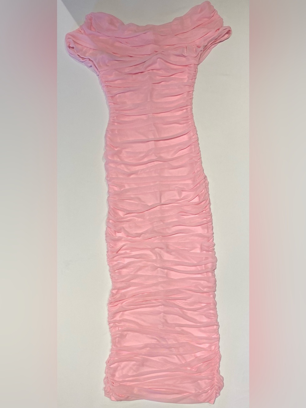 cameo Ruched Off-Shoulder Dress, Baby Pink, size S